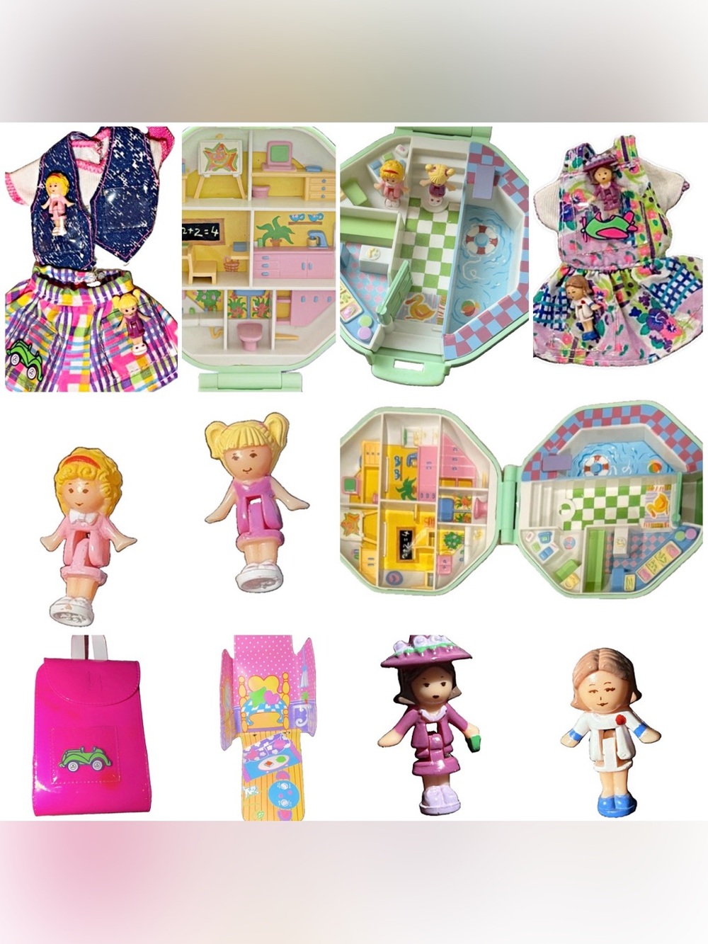 1990 Bluebird Polly Pocket Lot, "Pollys School" + 4 Dolls, 2 VTG Barbie Outfits